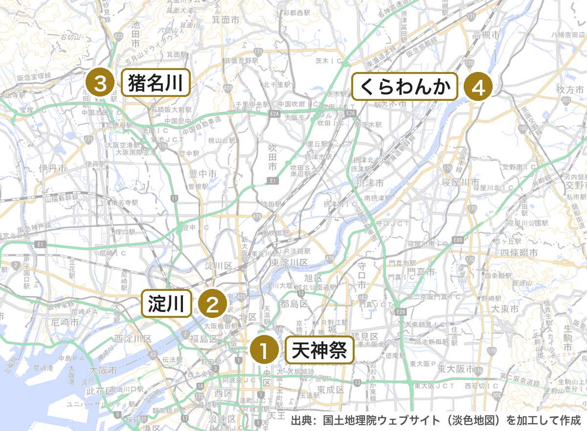 大阪府の主な花火大会の位置を示した地図