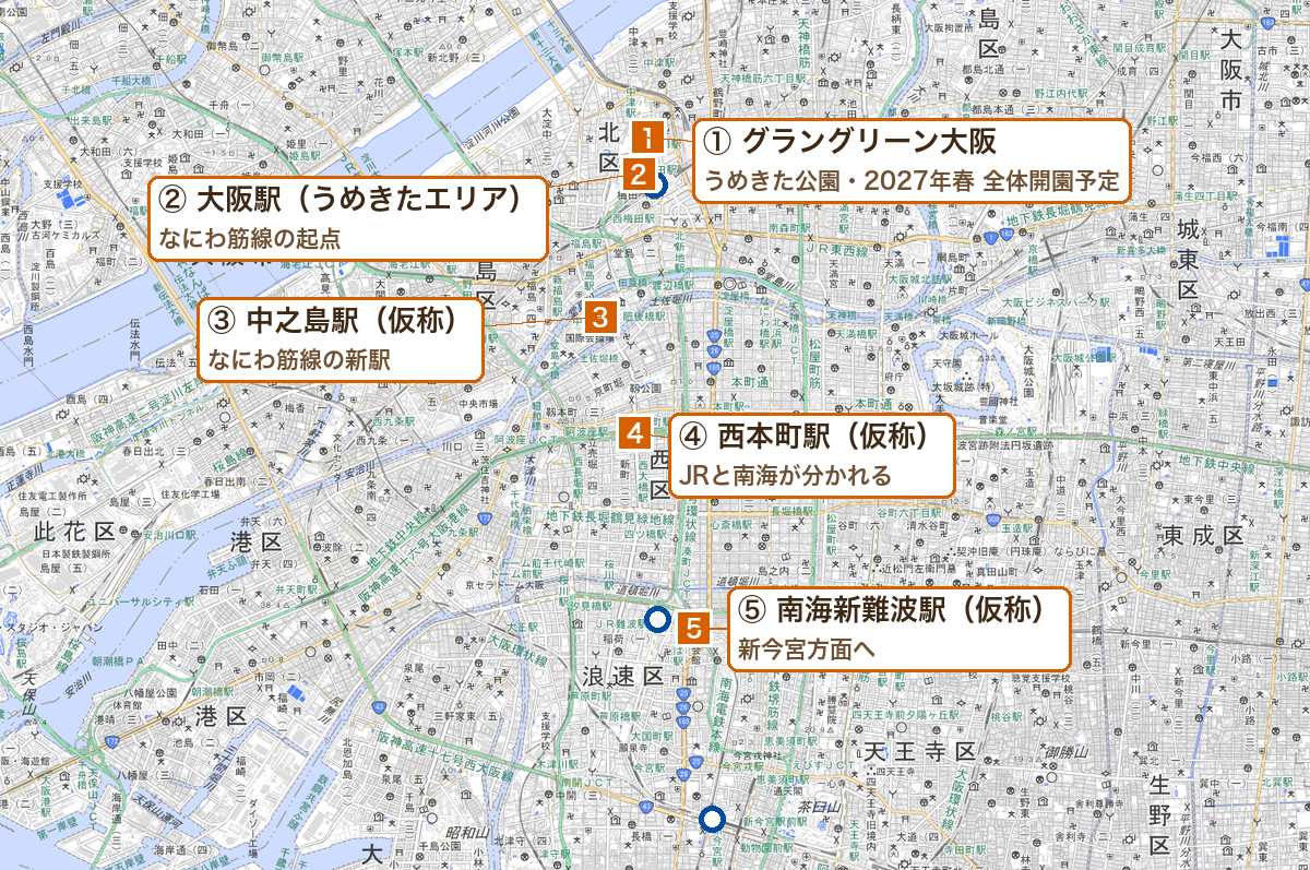 グラングリーン大阪となにわ筋線の新駅の場所の地図
